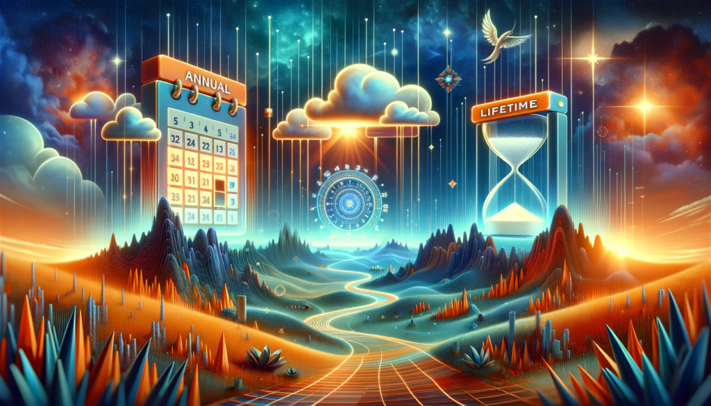 Abstract digital landscape representing SaaS pricing strategies with symbols for annual, multi-year, and lifetime deals in a vibrant, futuristic setting